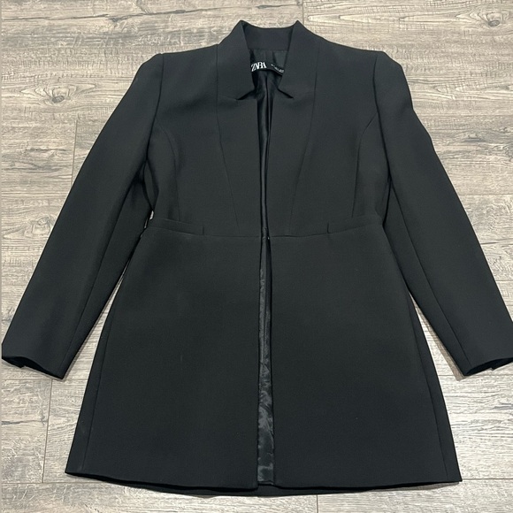 ZARA WOMEN INVERTED LAPEL FROCK COAT LONG BLAZER BLACK CLASSIC SIZE L - Picture 2 of 12
